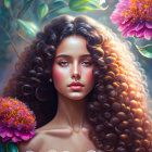 Woman with Voluminous Curly Hair Surrounded by Vibrant Flowers and Leaves
