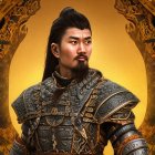 Asian warrior in ornate armor with mustache and goatee on golden background