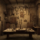 Medieval blacksmith workshop with tools and metalwork on display