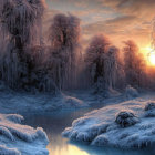 Winter landscape: Sunlight on icy trees by frosty river