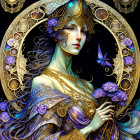 Detailed illustration of woman with flowing hair, gold jewelry, purple flowers, butterfly on dark backdrop