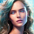 Portrait of woman with blue eyes, tousled hair, and water droplets on skin