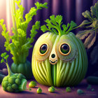 Anthropomorphized green zucchini among vegetables and light rays