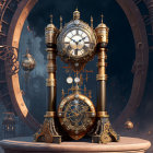 Steampunk-style clock with celestial motif and intricate gears on mechanical backdrop.