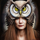 Woman wearing owl headpiece with yellow eyes and feathers.
