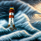 Stormy Sea Scene: Lighthouse, Birds, Ship, Waves