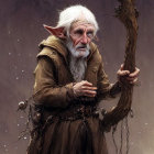 Elderly fantasy character with pointed ears in brown robe