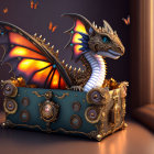 Vibrant dragon artwork perched on treasure chest with fiery dragons.