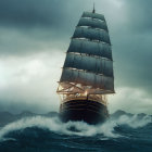 Majestic sailing ship navigating turbulent seas under stormy sky