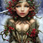 Fantasy portrait of female character with elvish ears and red berries in snowy setting