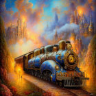 Colorful vintage steam train painting with castle city and blossoming flora.