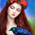 Red-haired woman with floral crown and blue raven on abstract background