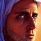 Detailed digital portrait of man with blue eyes, white turban, and hoop earring
