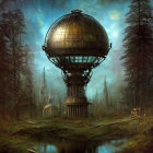 Spherical observatory structure in misty forest with reflection in pond