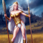 Majestic female warrior with white hair, golden crown, and spear in stormy field