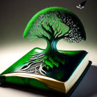 Illustrated book with lush tree, intricate roots, and butterfly illustration