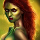 Vibrant digital artwork of woman with red hair and green skin