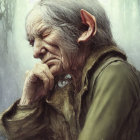 Elderly fantasy character with pointed ears in misty forest