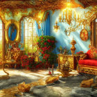Luxurious Fantasy Room with Golden Accents and Red Couch