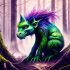 Mythical creature with green skin, large horns, and purple fur in misty forest