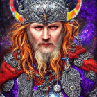 Digital artwork of stern Viking in horned helmet & ornate armor on galaxy backdrop
