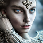 Fantasy portrait: Person with blue eyes in silver armor and gold headpiece on moody backdrop