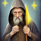 Elderly wizard in grey robe with glowing staff and stars background