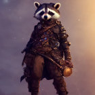 Steampunk anthropomorphic raccoon in gear-laden attire in sepia-toned landscape