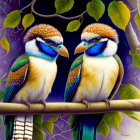 Vibrant kookaburras on branch with lush green leaves in background