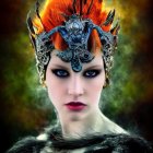 Woman with dramatic makeup and elaborate orange feather headdress on dark background