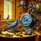 Blue bird surrounded by mechanical clocks and gears on wooden table in warm, golden-lit room