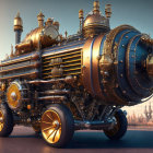 Steampunk-style locomotive with brass detailing in industrial cityscape