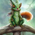 Green dragon-like creature with red eyes and leafy ears perched on tree branch in forest.
