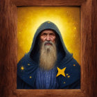 Elderly Bearded Man in Starry-Hooded Cloak on Golden Background