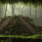 Moss-Covered Pyramid in Misty Forest with Vines