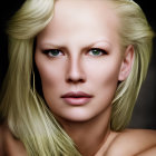 Fantasy character portrait: pale skin, blue eyes, blonde hair, golden accents.