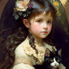 Detailed Portrait: Young Girl Holding Black & White Cat with Golden Floral Patterns