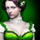 Woman with floral crown and green corset on green background