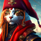 Anthropomorphic cat in red admiral uniform with golden embellishments