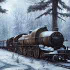 Classic steam locomotive in snowy forest with steam plumes and snow-covered trees