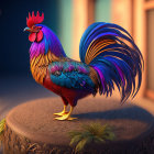 Colorful Rooster Digital Illustration with Detailed Plumage on Circular Base at Dusk