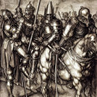 Detailed black and white illustration of armored knights on horseback and foot with lances and swords.