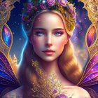 Fantastical illustration of woman with floral crown and butterfly wings, glowing ethereally, with castle