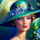 Woman Portrait with Elegant Blue Hat and Flowers: Makeup and Curled Hairstyle