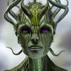 Female alien with green scaly skin and purple eyes in misty backdrop