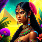 Woman adorned with jewelry and headdress in front of pyramids and lush scenery