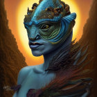 Vibrant blue humanoid creature with fish-like traits and feather in hand on orange backdrop