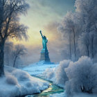 Snow-covered Statue of Liberty in winter landscape with frozen river.