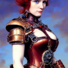 Digital artwork: Woman with red hair in steampunk armor & blue flowers