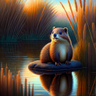Tranquil river sunset scene with otter on stone surrounded by reeds